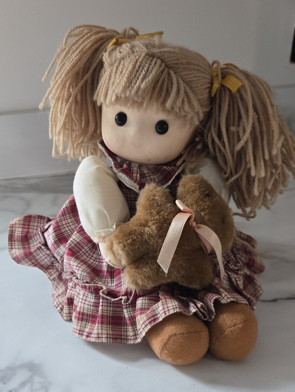 Vintage Musical Motion Plush Rag Doll with Teddy - Beige Hair, Pink Plaid Dress